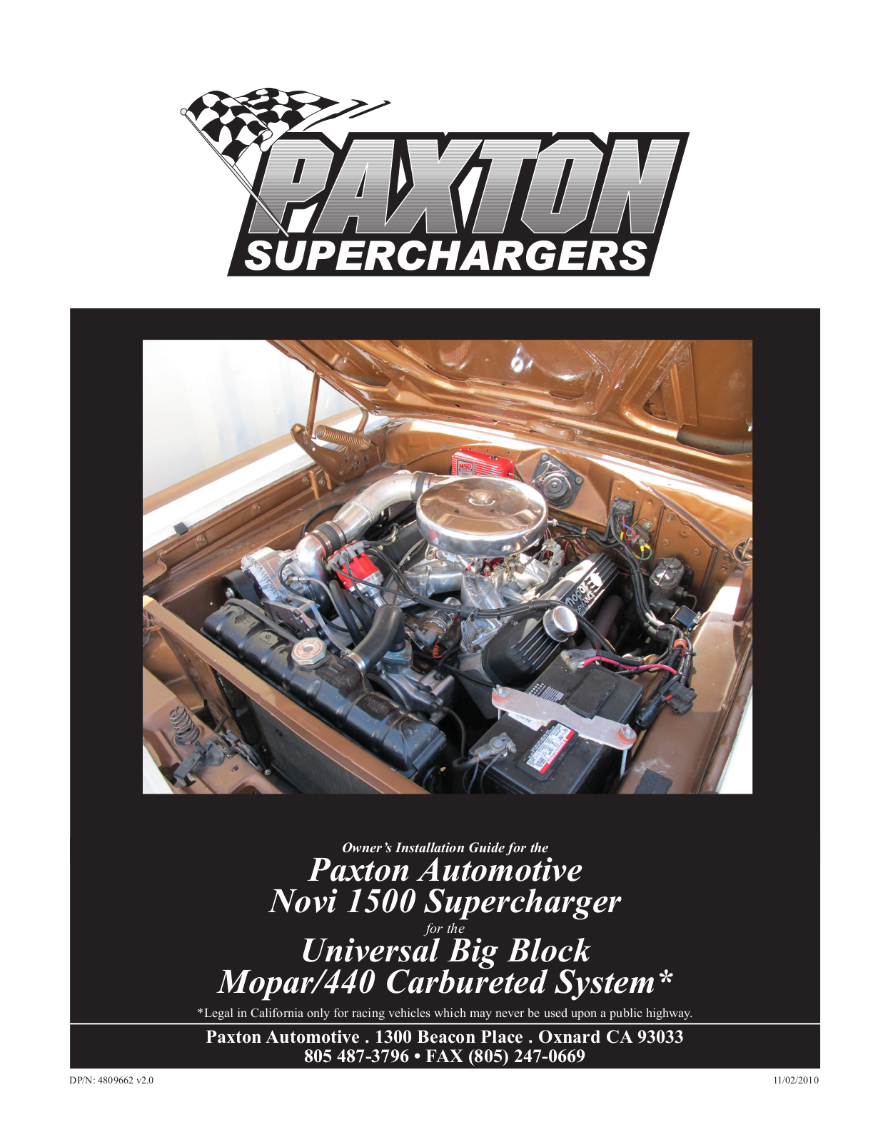 Paxton Superchargers Universal Big Block Mopar 440 Carbureted System User Manual