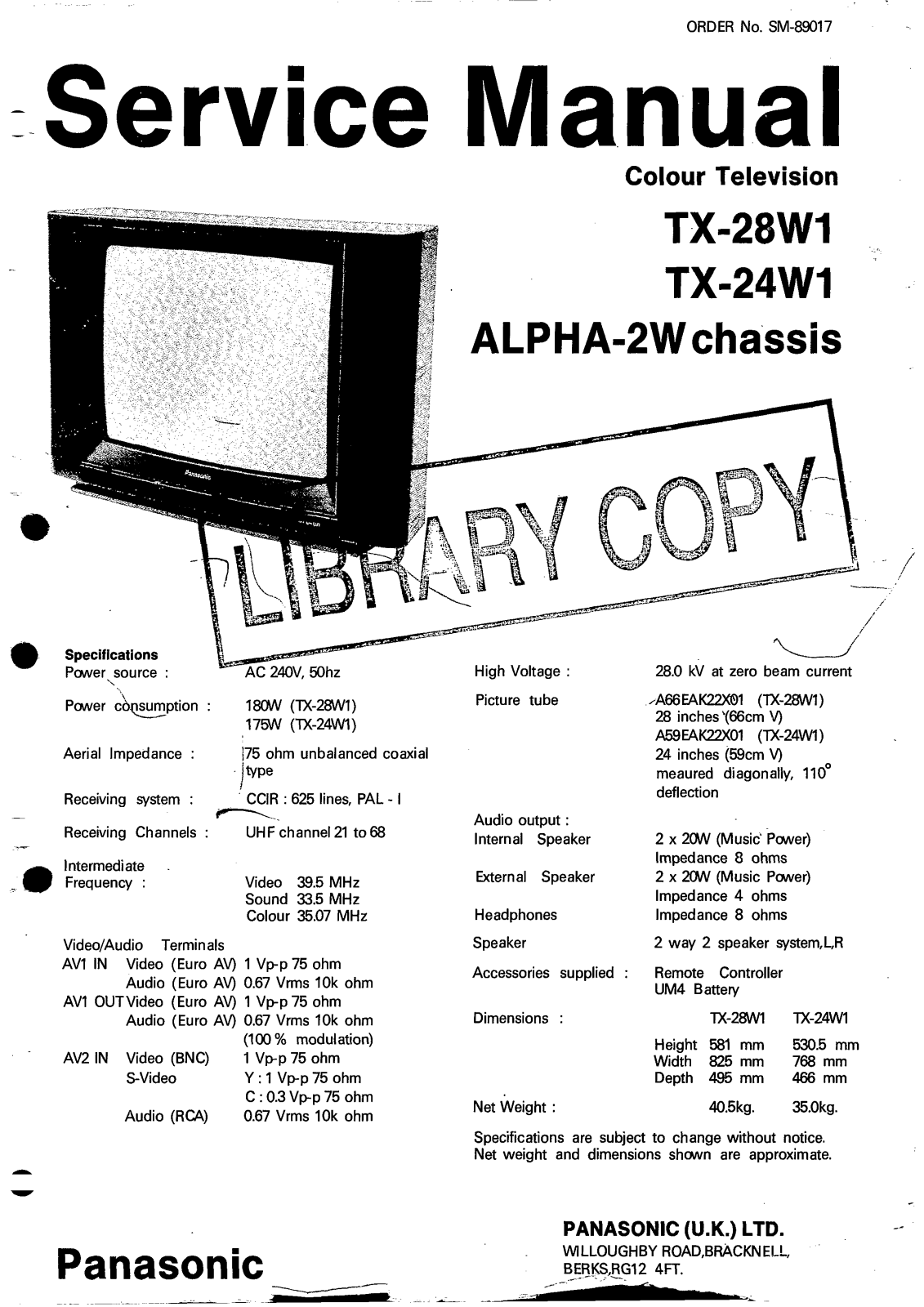 Panasonic TX28W1  ALPHA2W Schematic