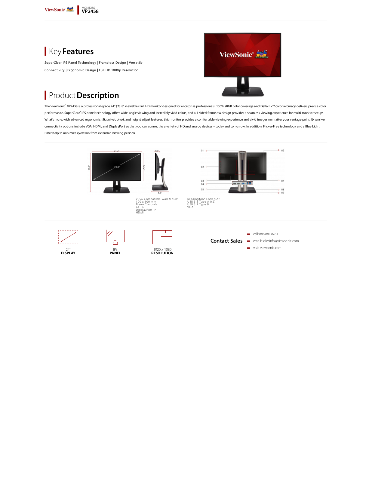 Viewsonic VP2458 Product Data Sheet