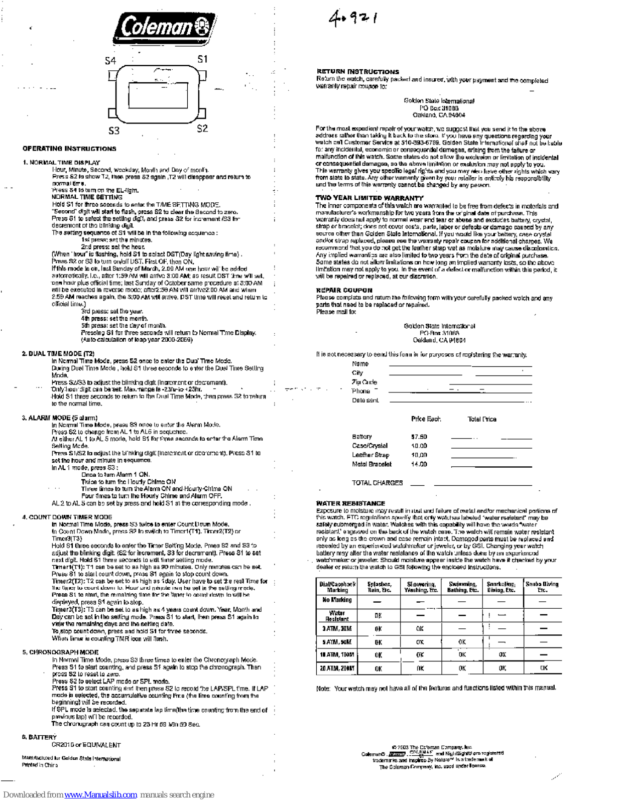 Coleman 40-921 Operating Instructions Manual