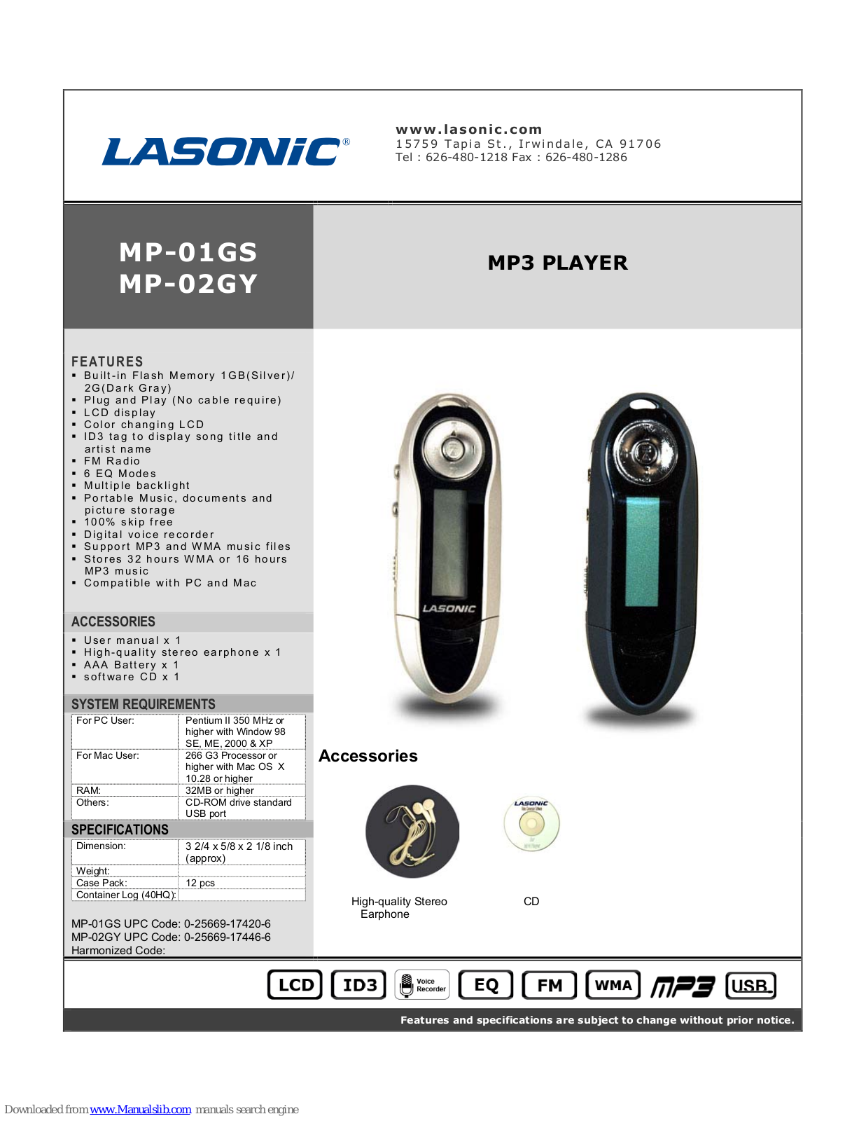 Lasonic MP-1GS, MP-01GS, MP-02GY Specifications