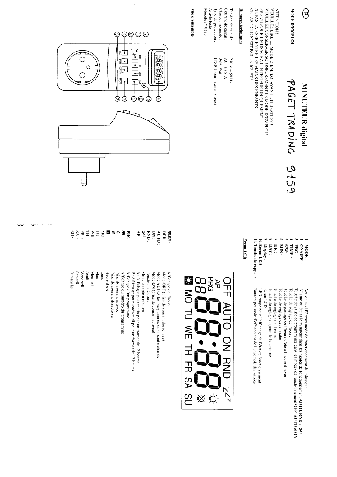 PAGET TRADING MINUTEUR DIGITAL 9159 User Manual