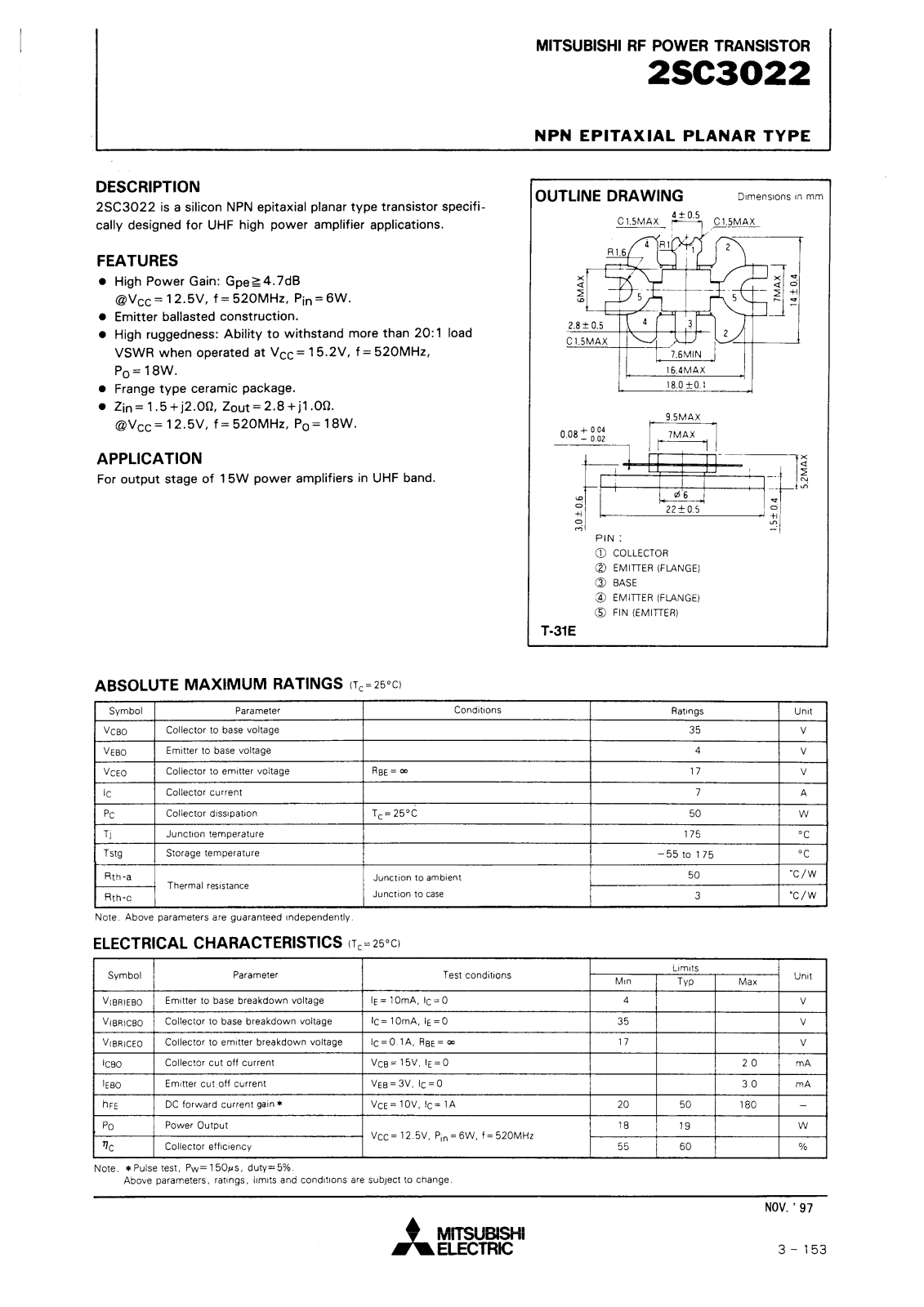 Mitsubishi Electric Corporation Semiconductor Group 2SC3022 Datasheet