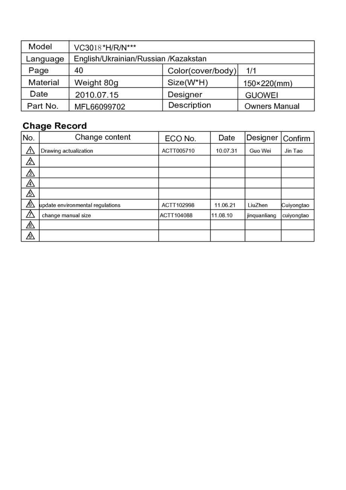 LG VK71186HC User Manual