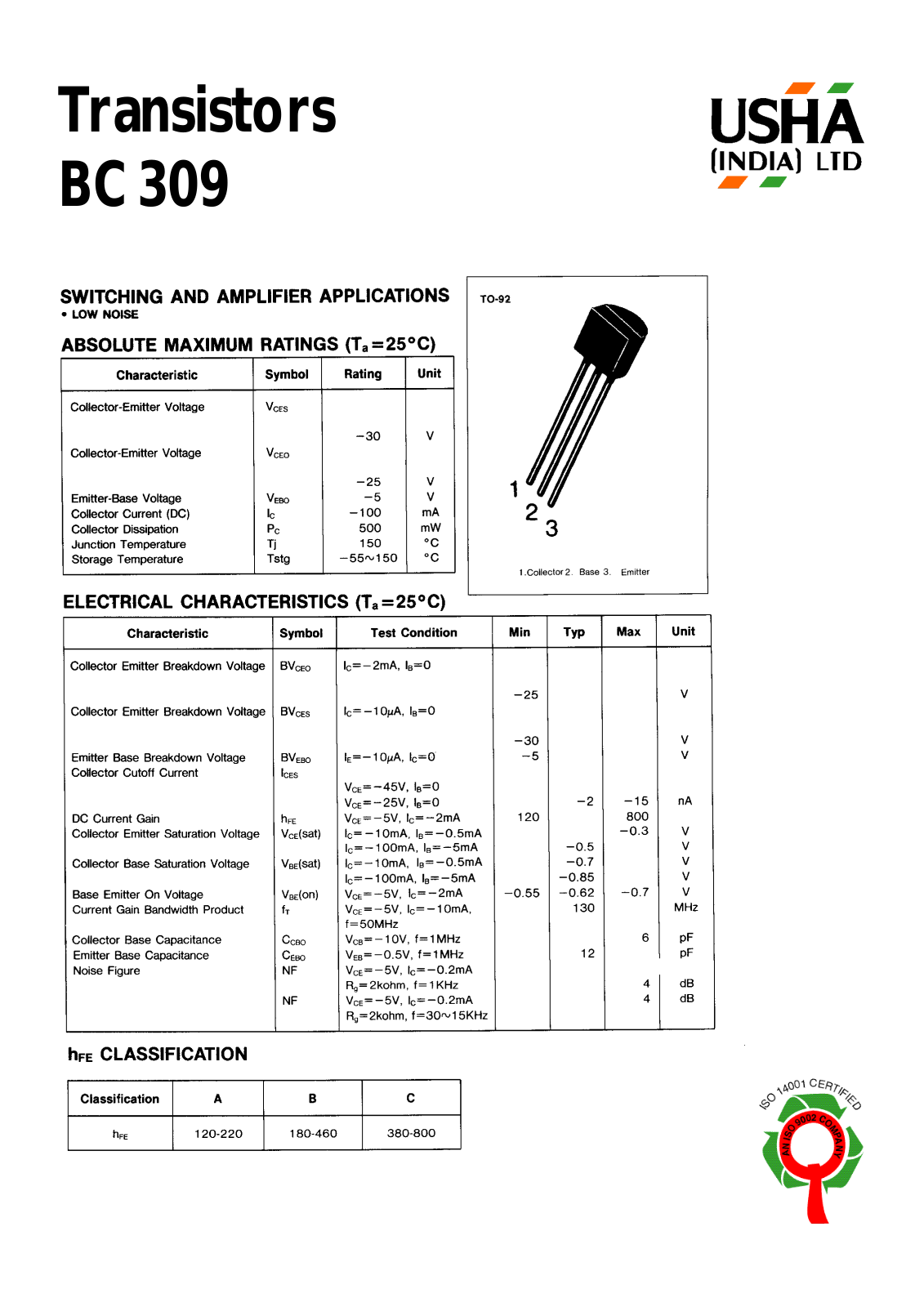 USHA BC309, BC327 Datasheet