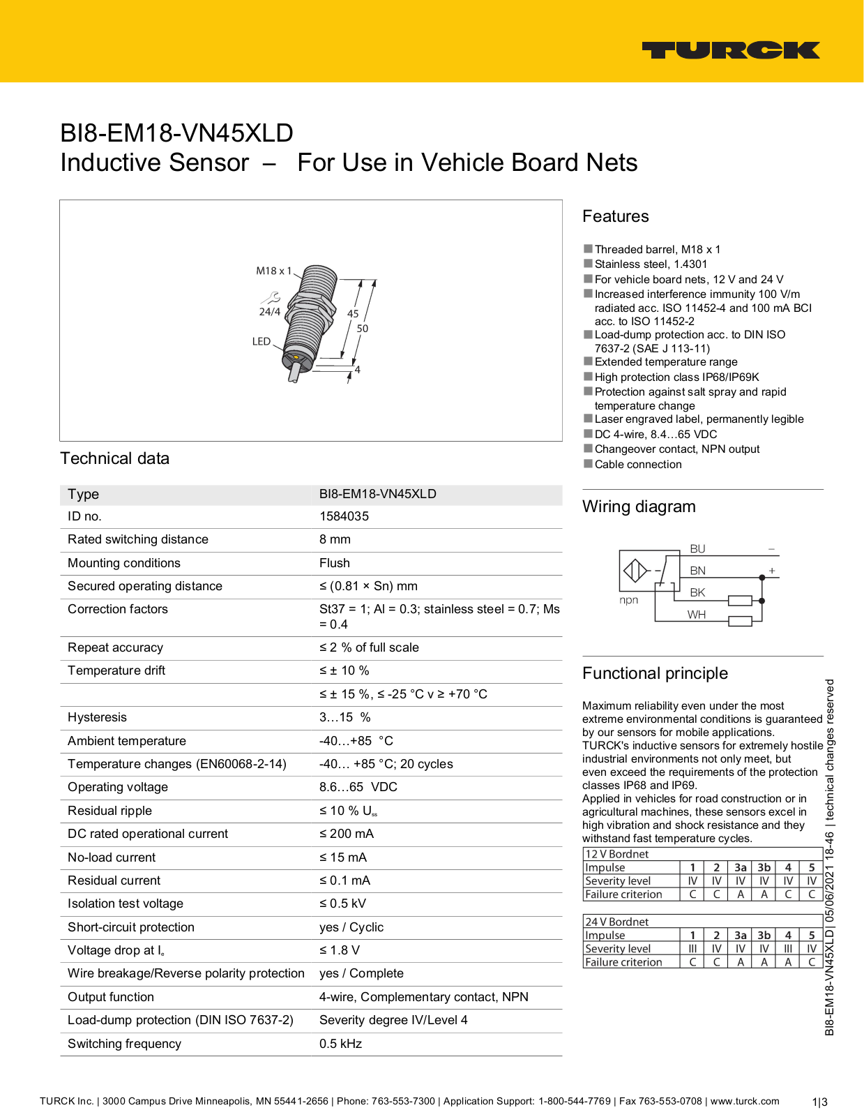 TURCK BI8-EM18-VN45XLD Technical data