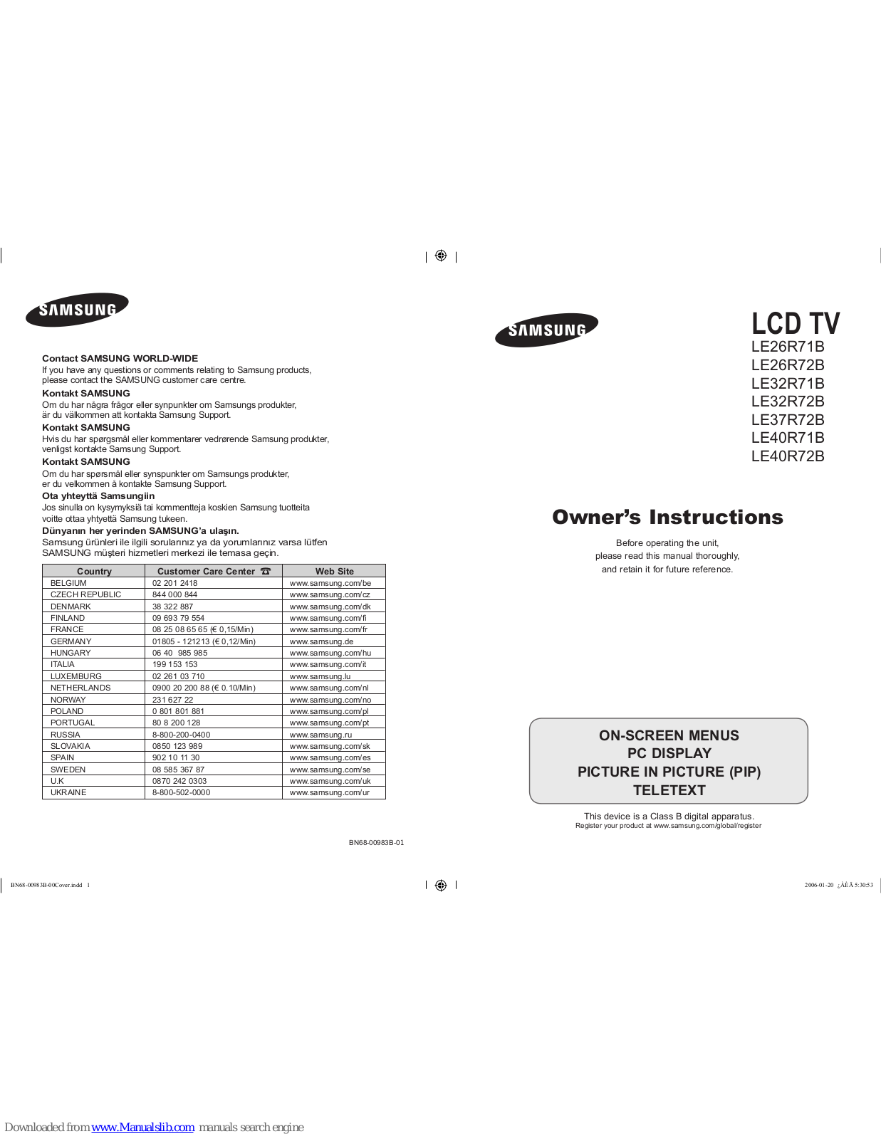 Samsung LE26R71BLE26R72B, LE32R71B, LE40R72B, LE32R72B, LE37R72B Owner's Instructions Manual