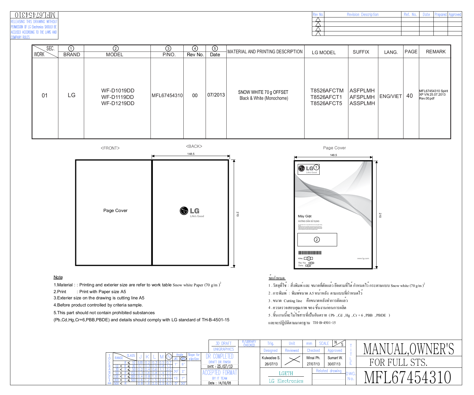 LG WF-D1019DD User Guide