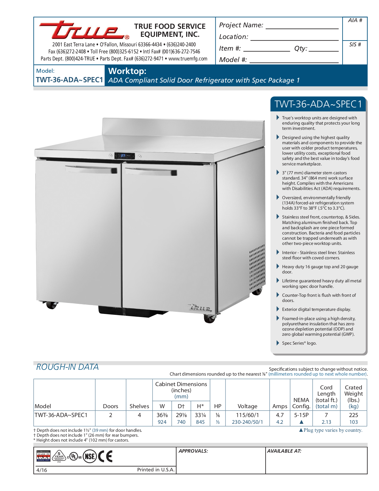 True Refrigeration TWT-36-ADA User Manual