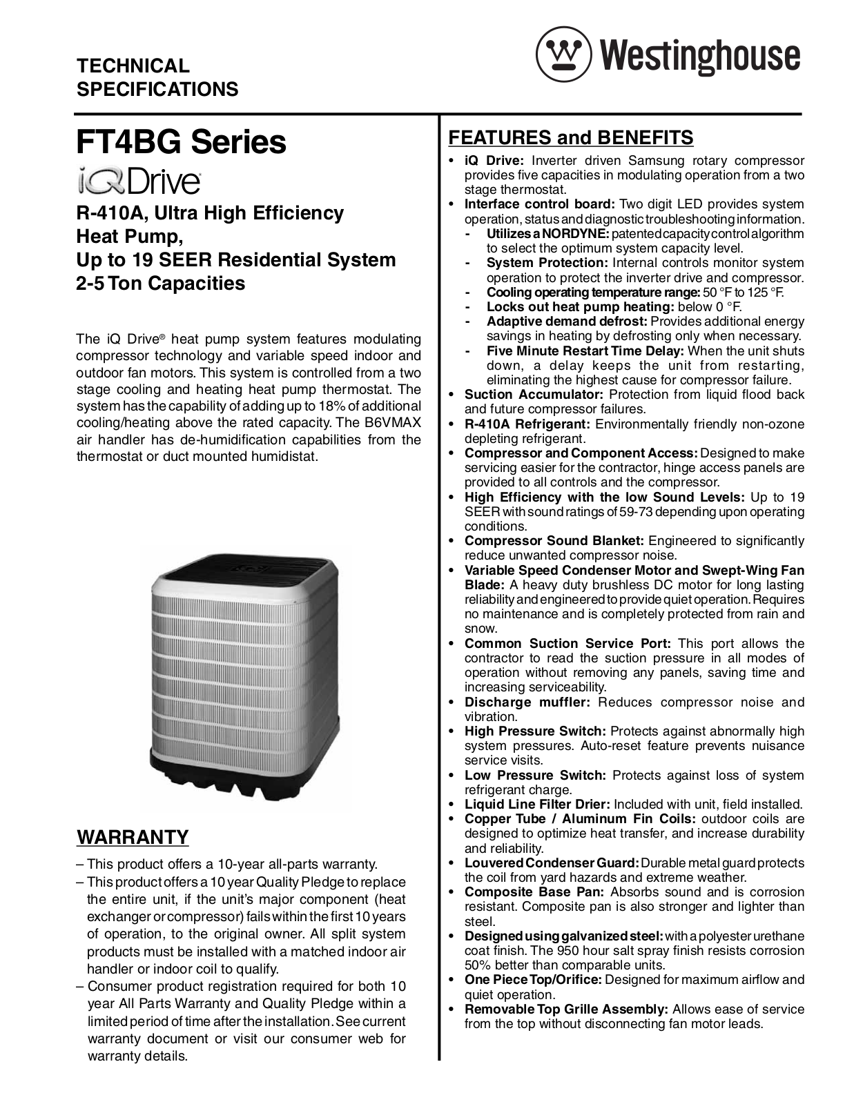 Westinghouse 19 SEER, 10 HSPF iQ Drive Technical Literature