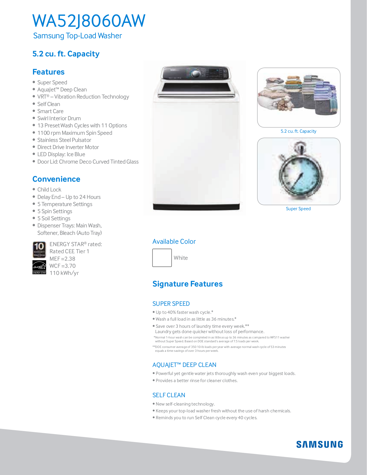 Samsung WA52J8060AW Specification Sheet