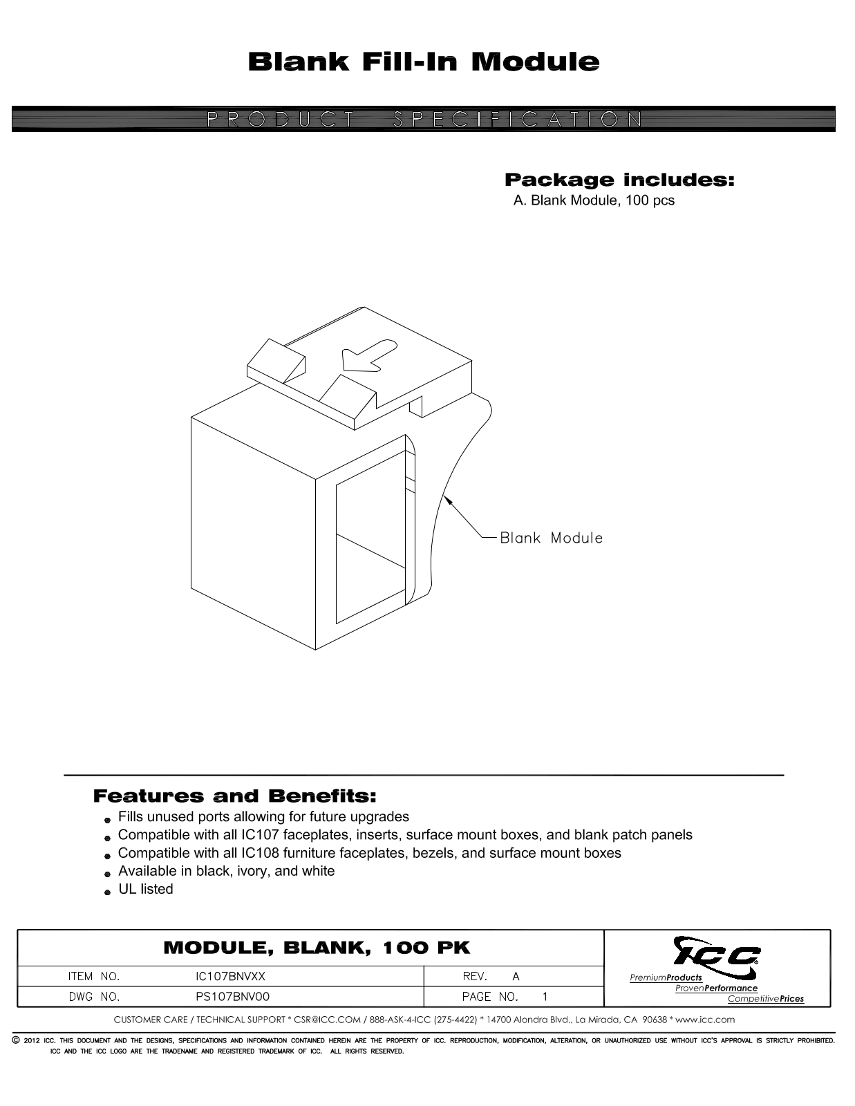 ICC IC107BNVBK, IC107BNVIV, IC107BNVWH Specsheet