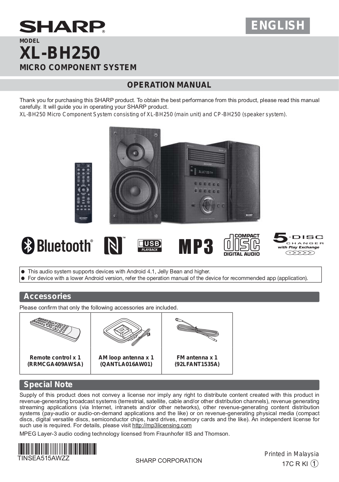 SHARP XLBH250 User Manual