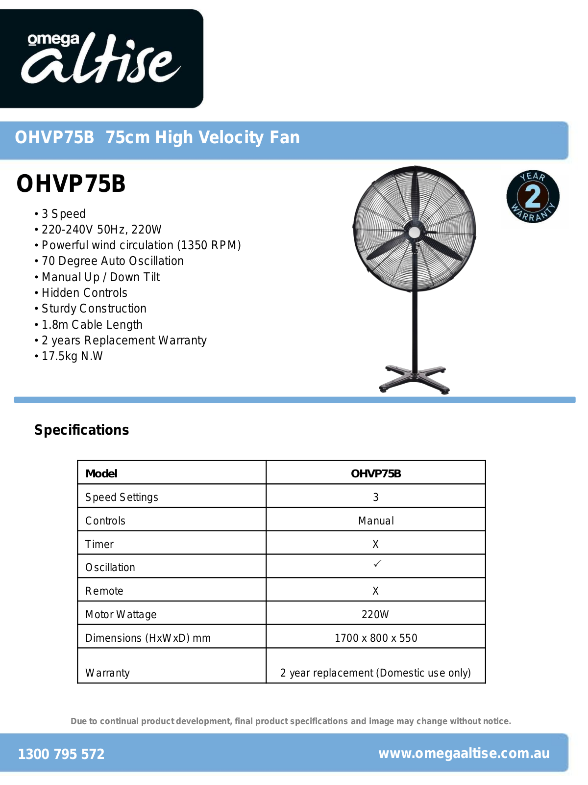 Omega Altise OHVP75B Specifications Sheet