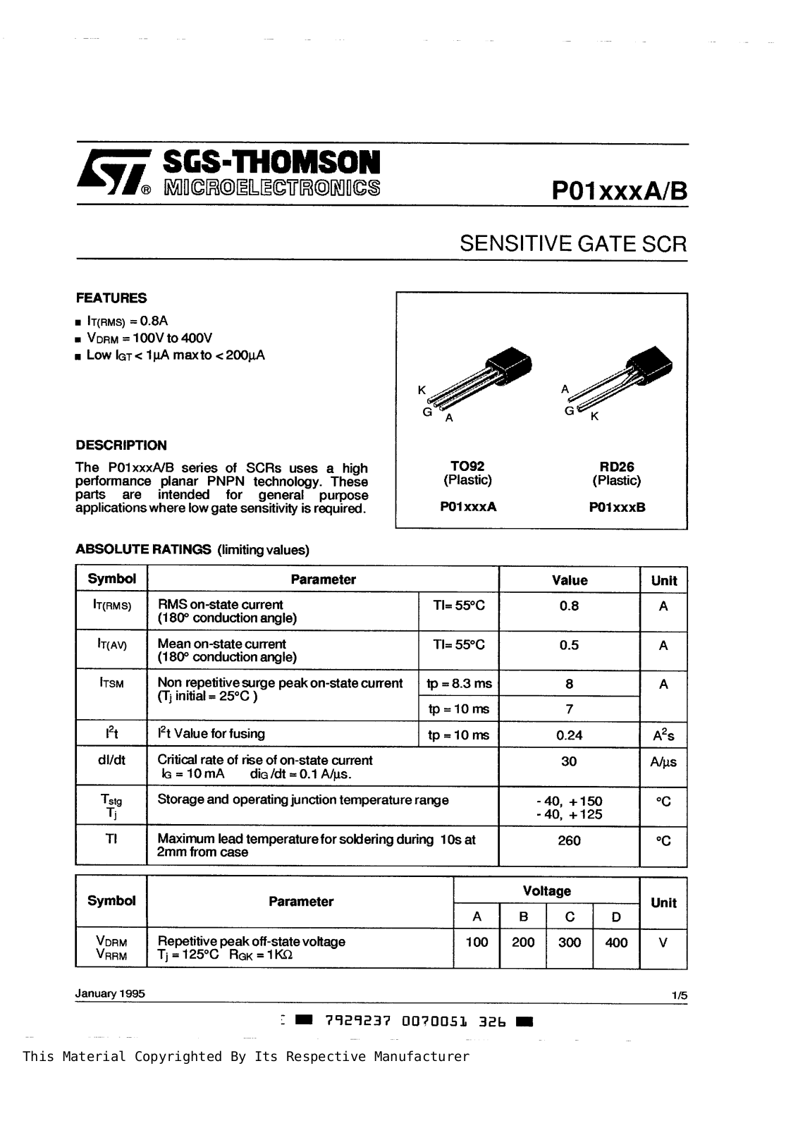 SGS Thomson Microelectronics P0102CA, P0102DB, P0102DA, P0102BA, P0102BB Datasheet