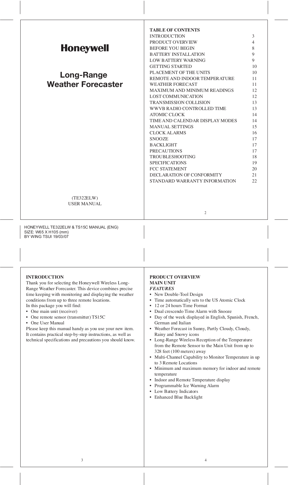 Honeywell TE322ELW User Manual