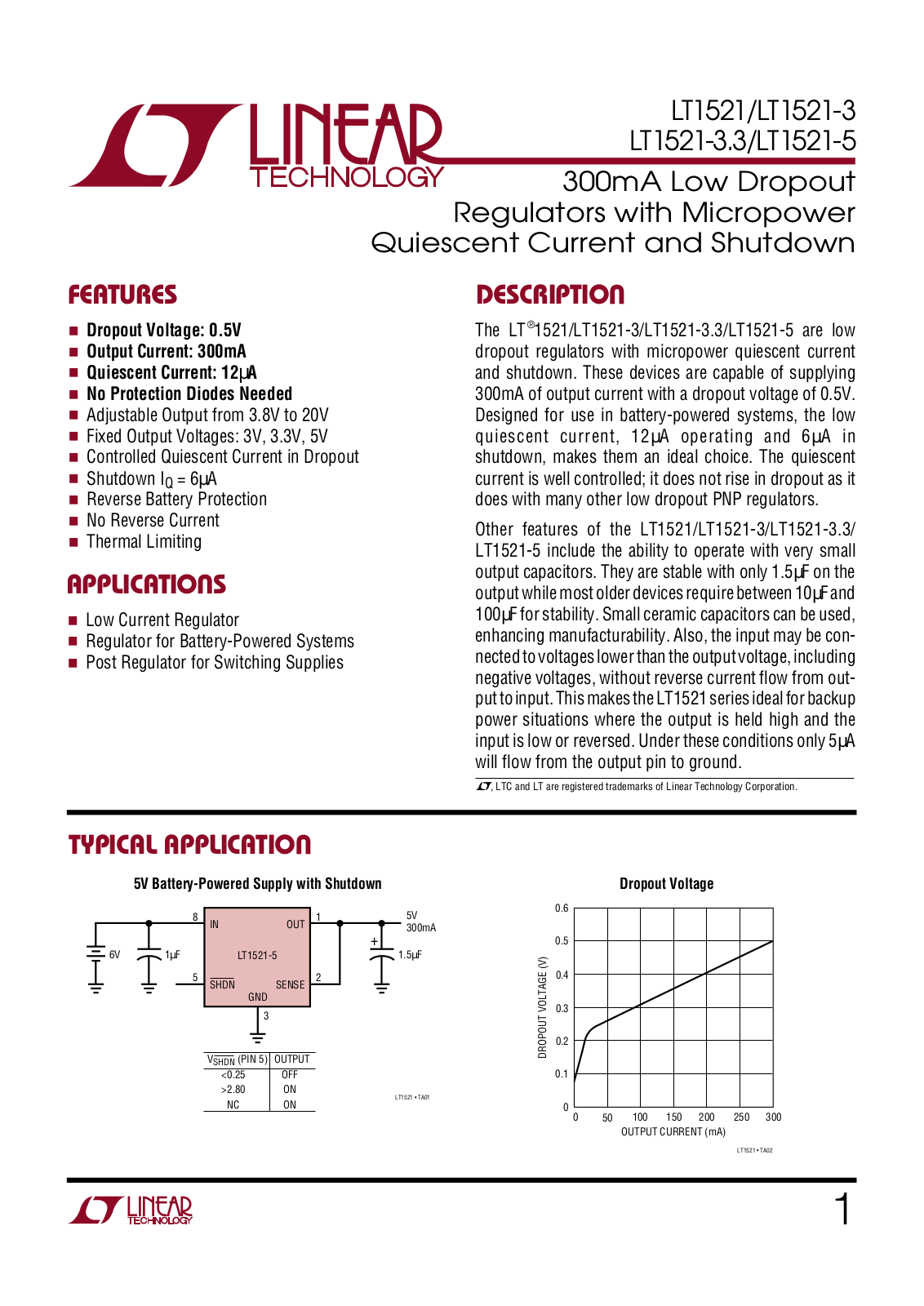 Linear Technology LT1521-5, LT1521-3.3, LT1521-3, LT1521 Datasheet