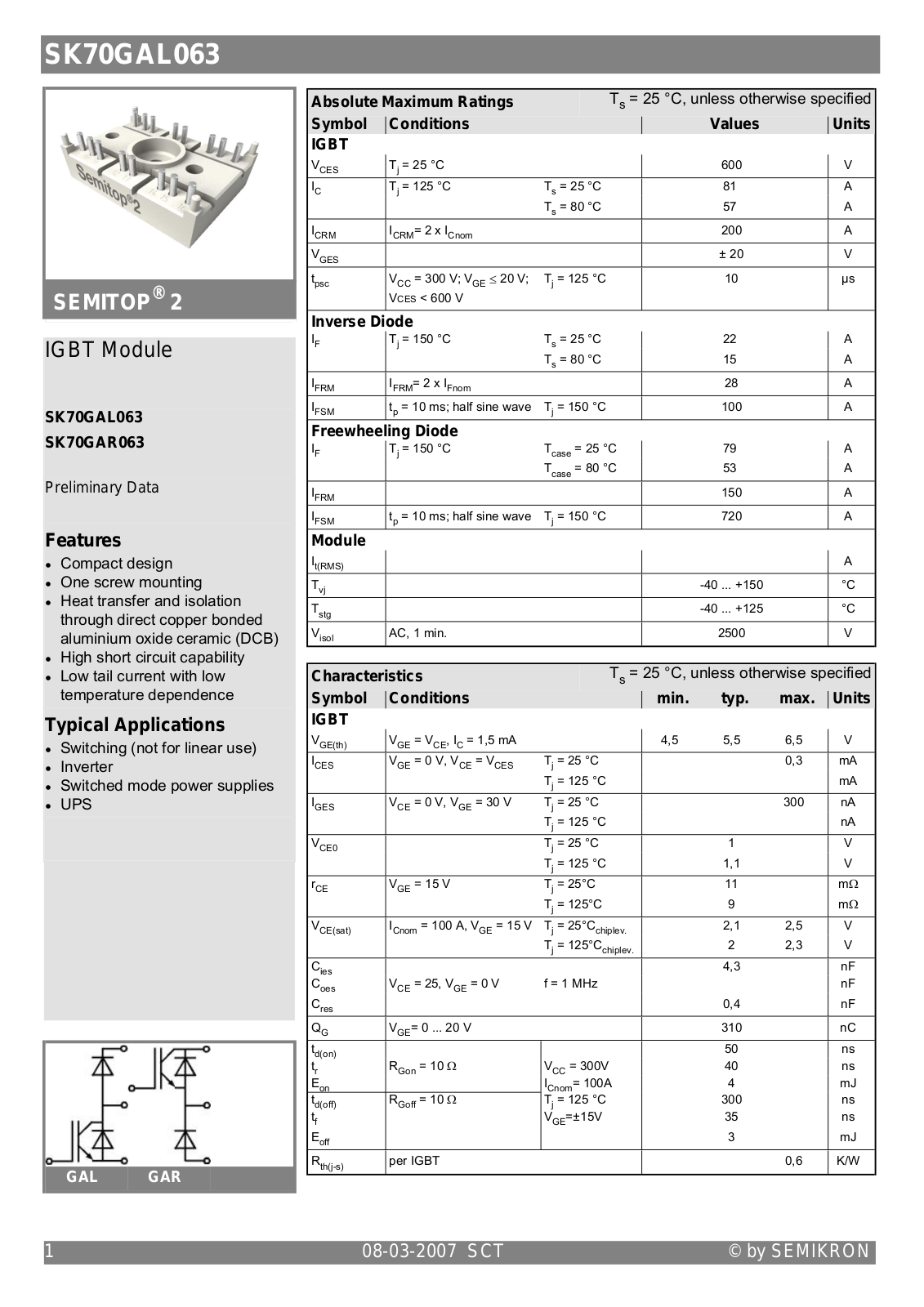 Semikron SK70GAL063 Data Sheet