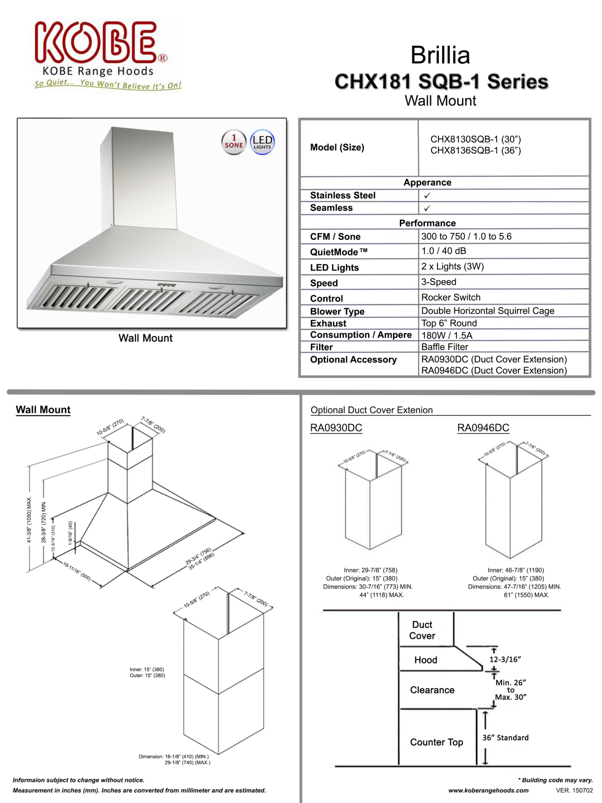 Kobe CHX8136SQB1, CHX8130SQB1 PRODUCT SPECIFICATIONS