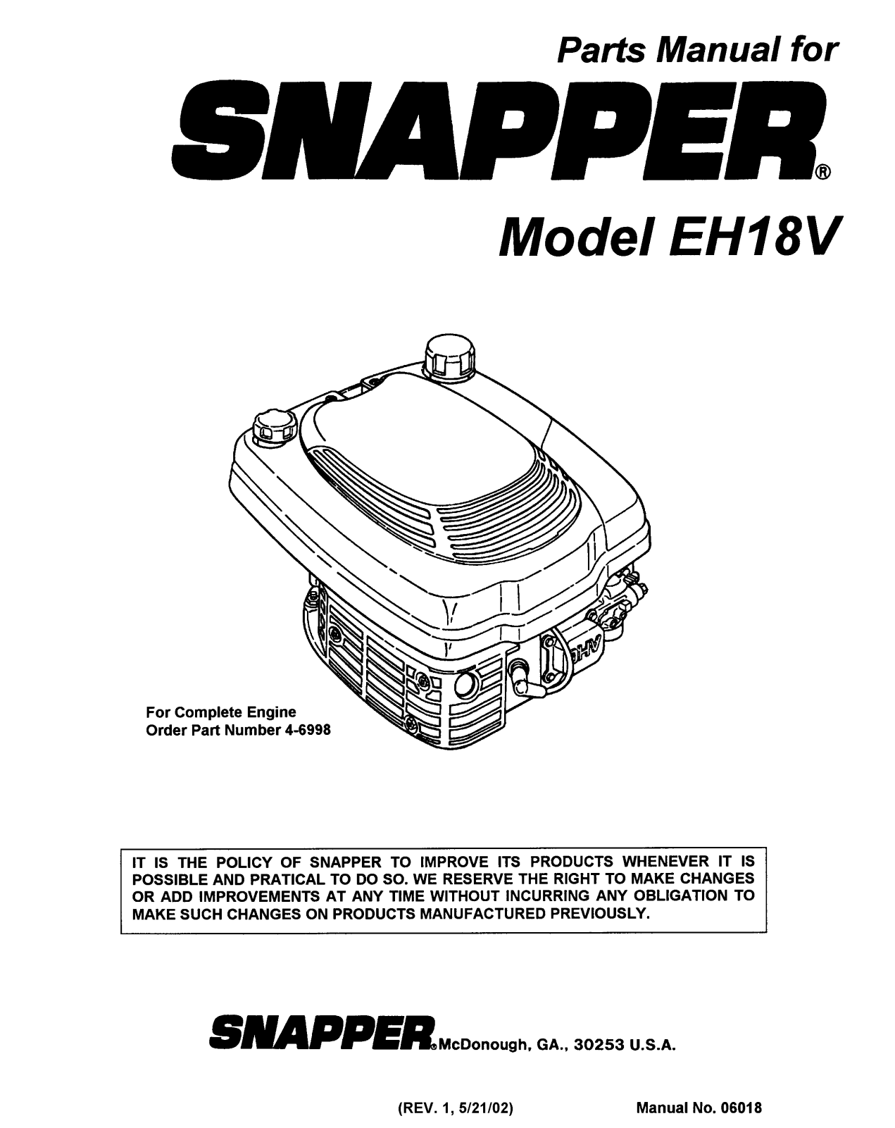 Snapper EH18V User Manual