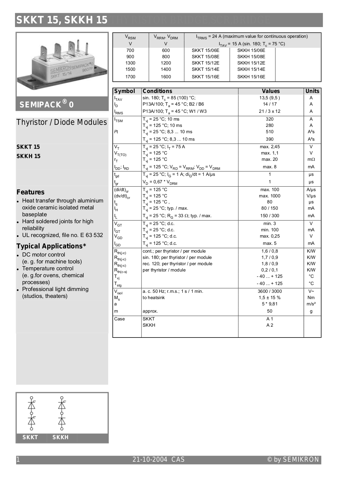 Semikron SKKT 15, SKKH 15 Data Sheet