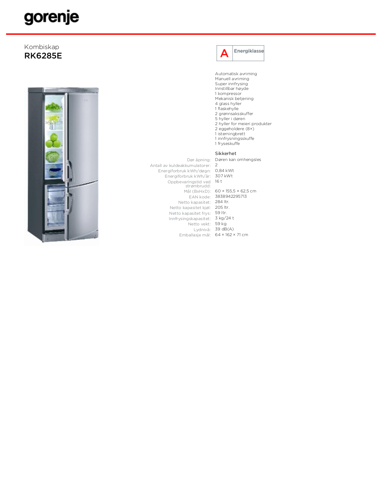 Gorenje RK6285E DATASHEET