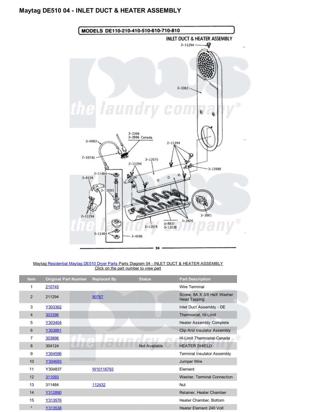 Maytag DE510 Parts Diagram