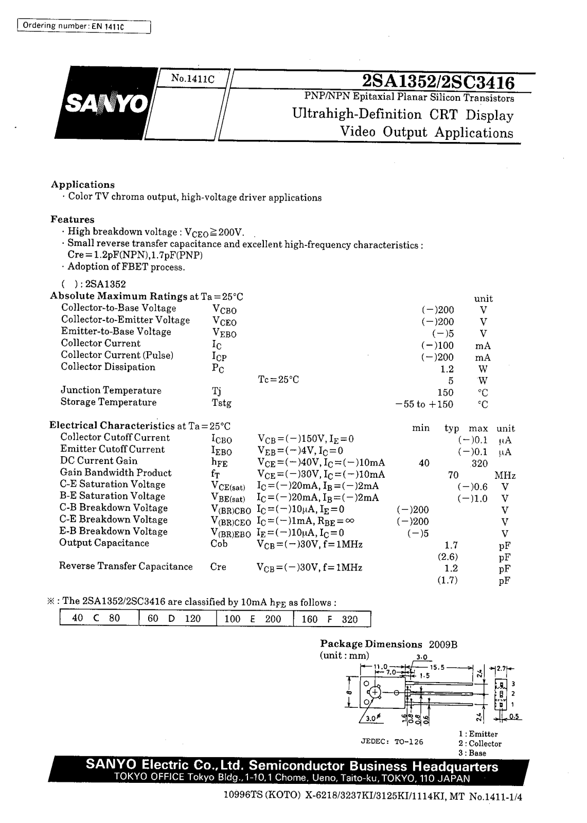 SANYO 2SC3416, 2SA1352 Datasheet