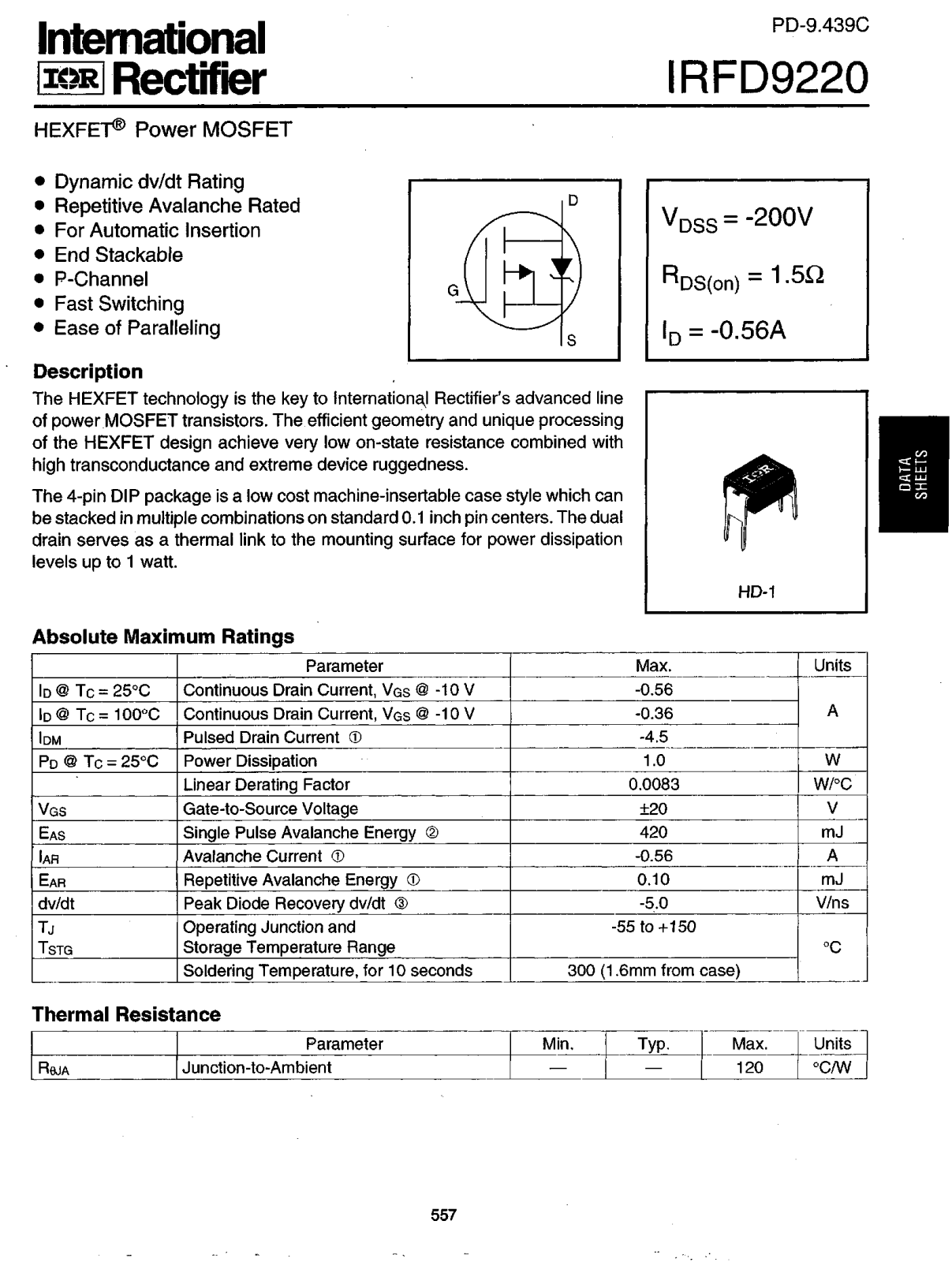 International Rectifier IRFD9220 Datasheet