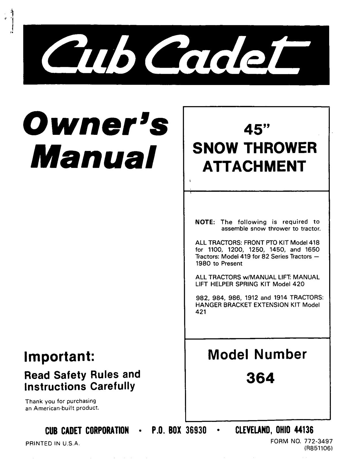 Cub Cadet 364 User Manual