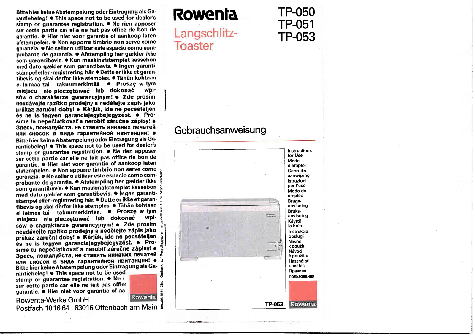 ROWENTA TP 050 User Manual