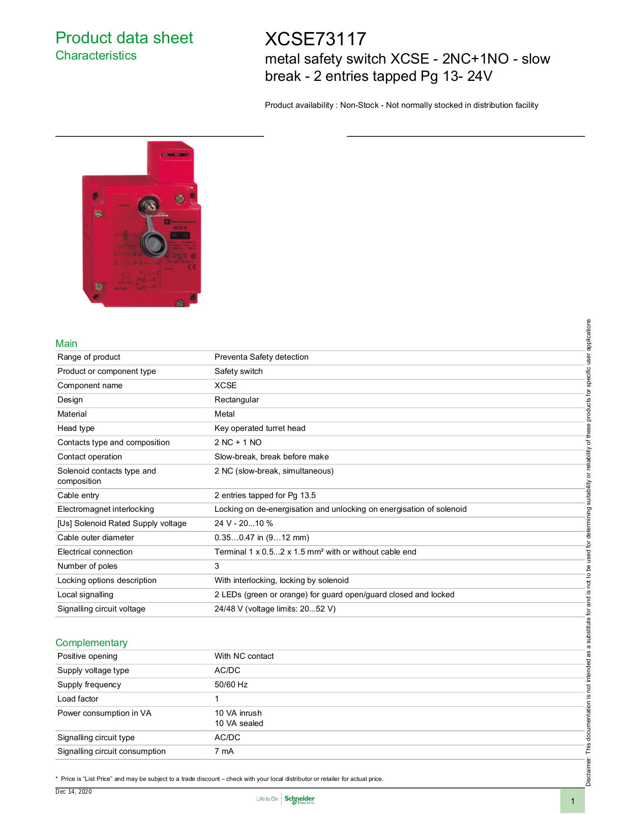 Square D XCSE73117 Data Sheet