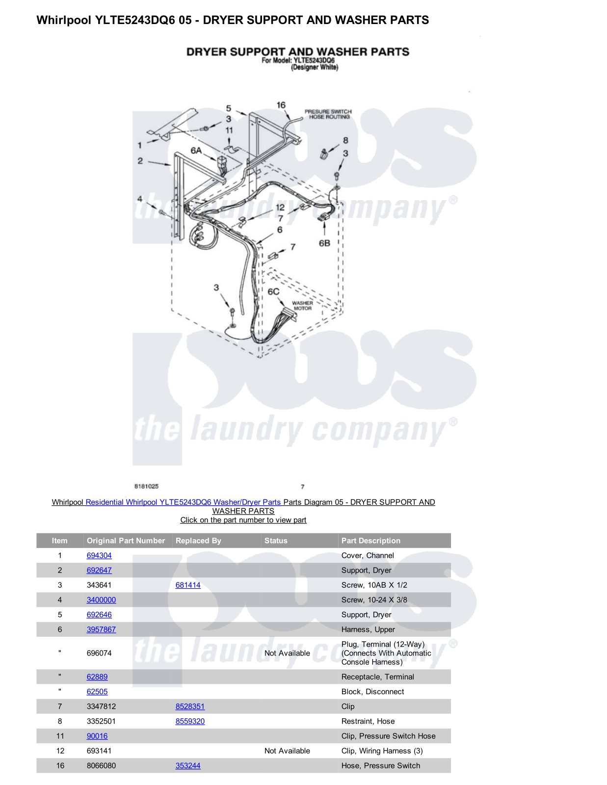 Whirlpool YLTE5243DQ6/Dryer Parts Diagram