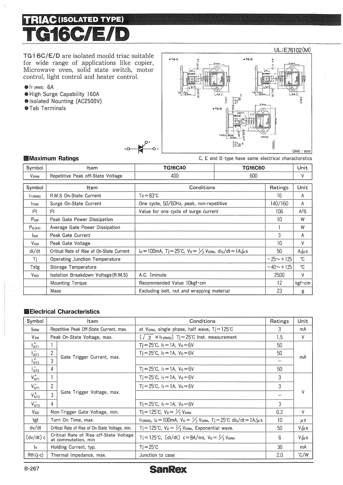 Sanrex-Sansha Electric Manufacturing TG16C, TG16E, TG16D Data Sheet