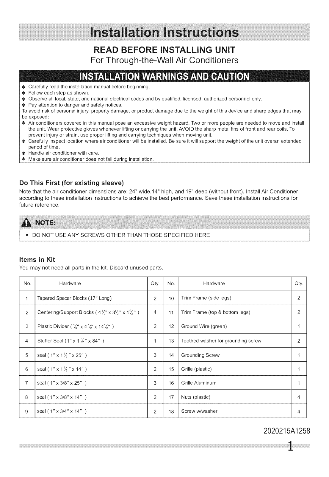 Frigidaire FFTA10C3Q10, FFTA10C3Q11, FFTA10C3Q12, FFTA10C3Q13, FFTA10C3Q14 Installation Guide - ManualMachine.com