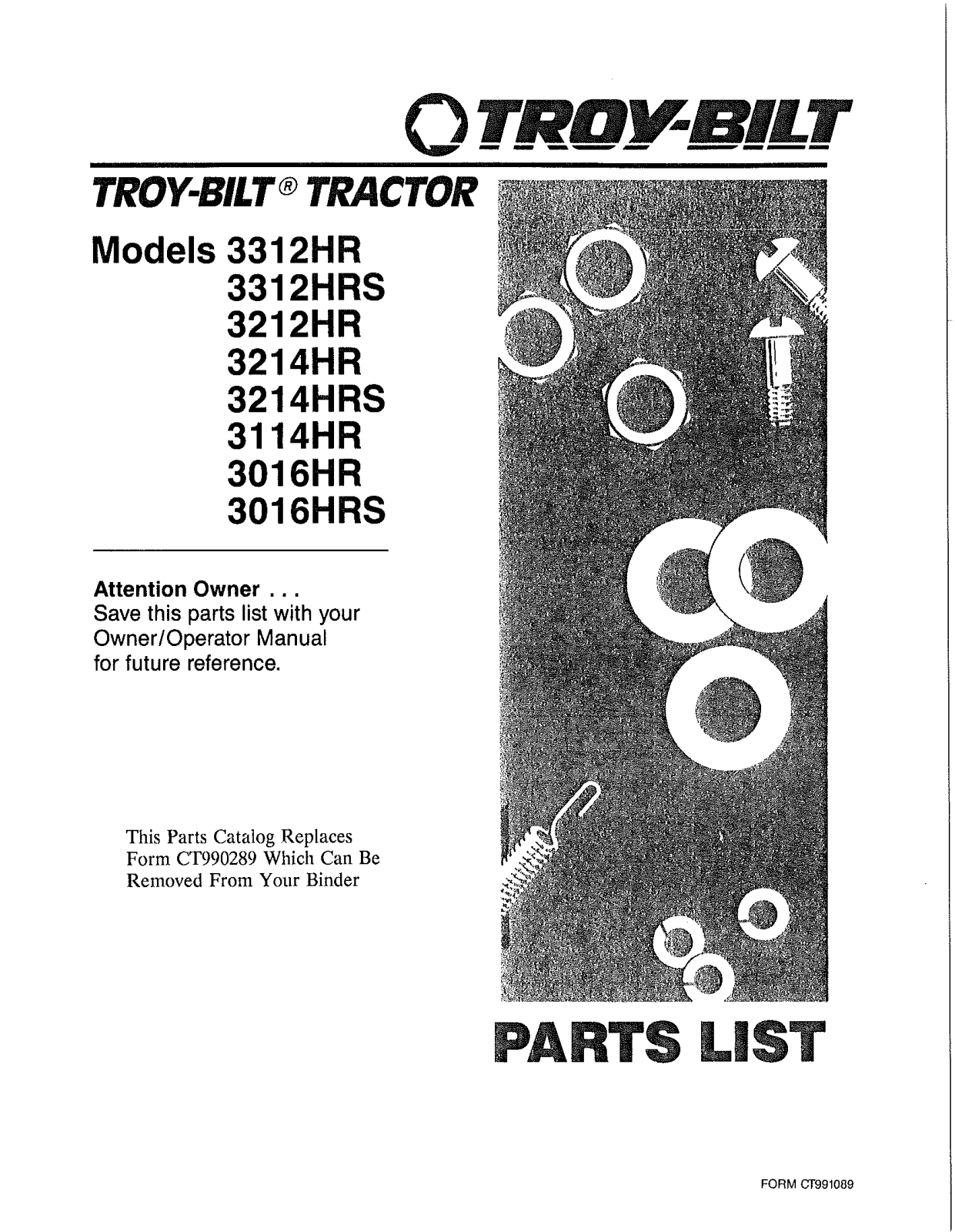 Mtd 3016HR, 3016HRS PARTS MANUAL