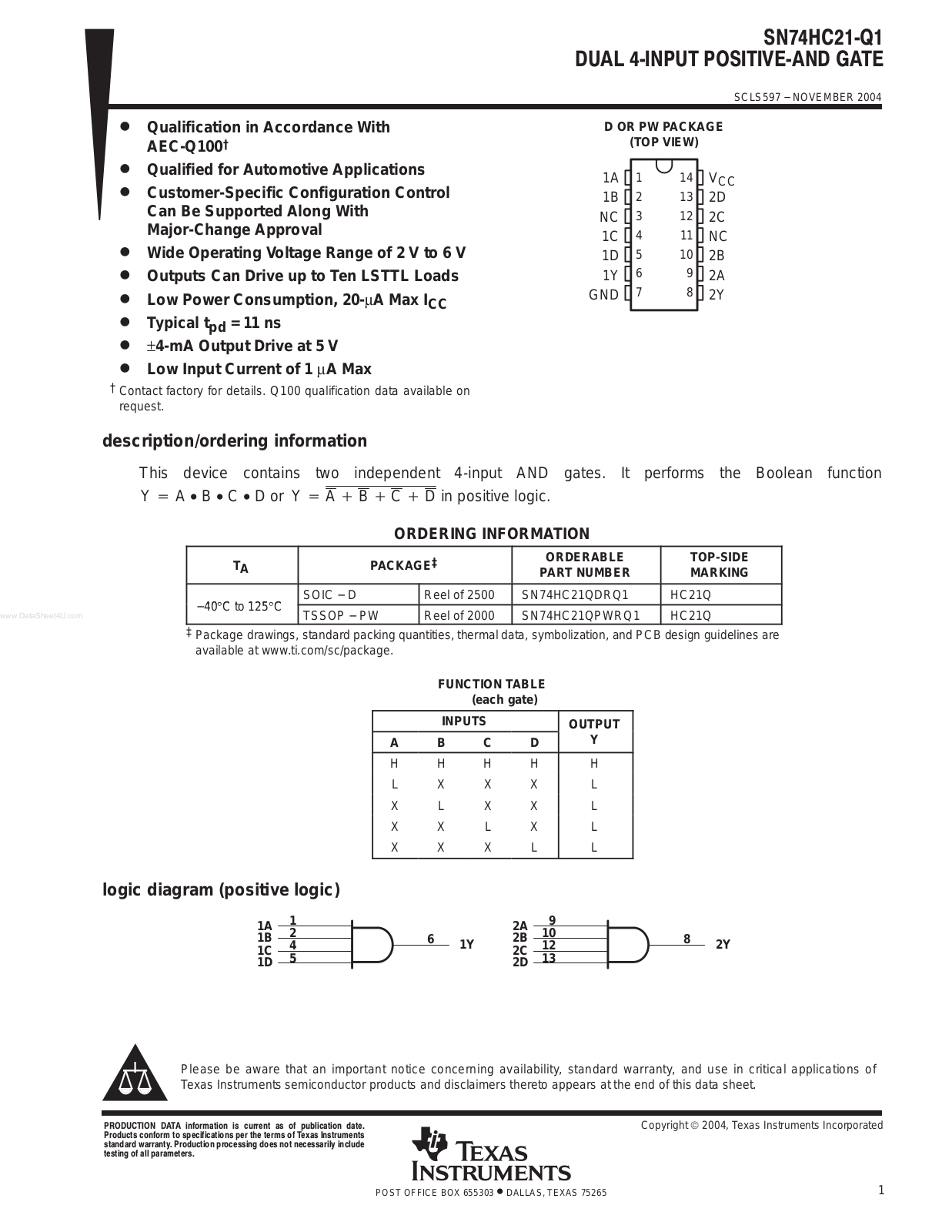 Texas Instruments SN 74 HC 21 – Q 1 INSTALLATION INSTRUCTIONS