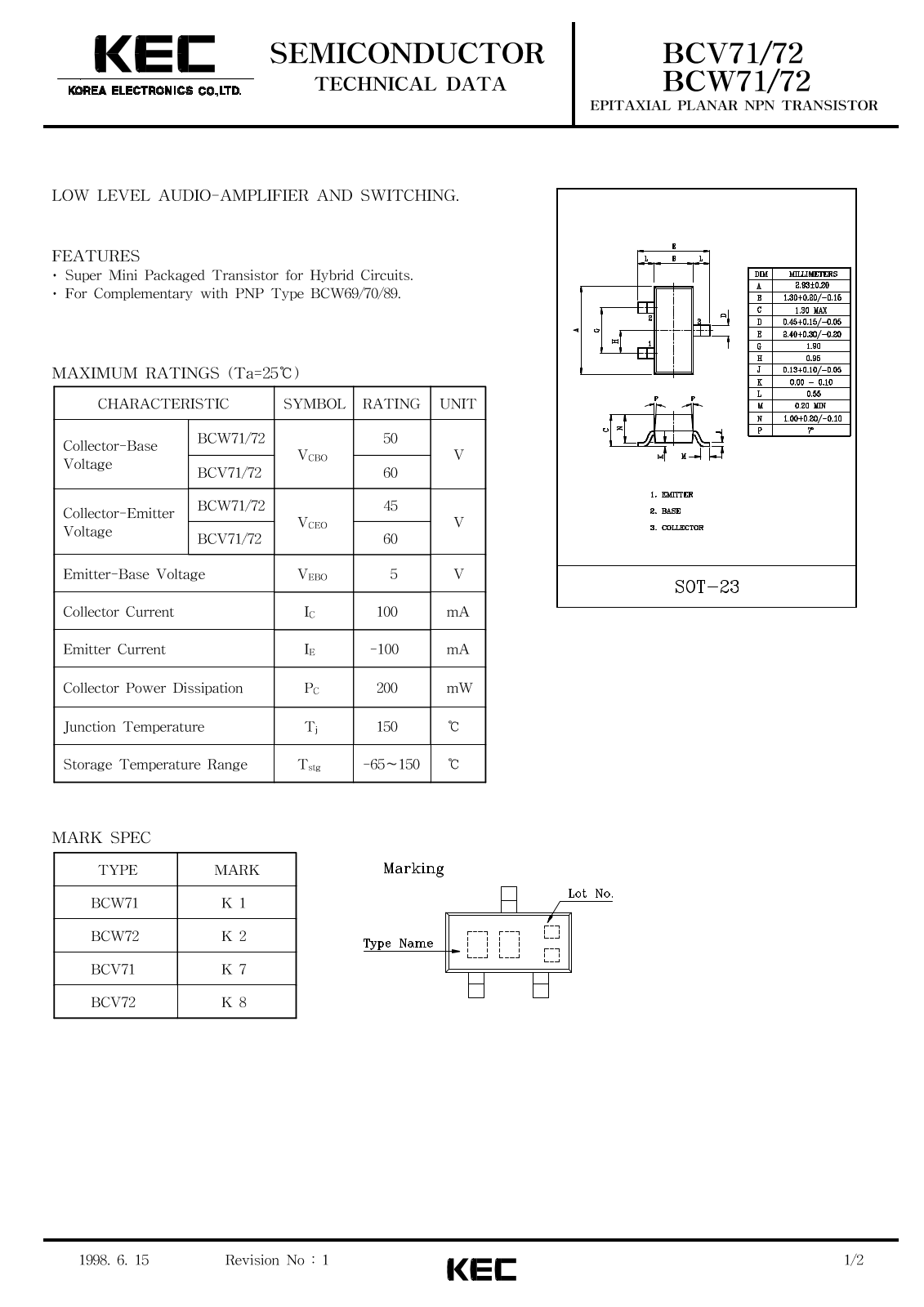 Korea Electronics Co  Ltd BCW71, BCW72, BCV72, BCV71 Datasheet