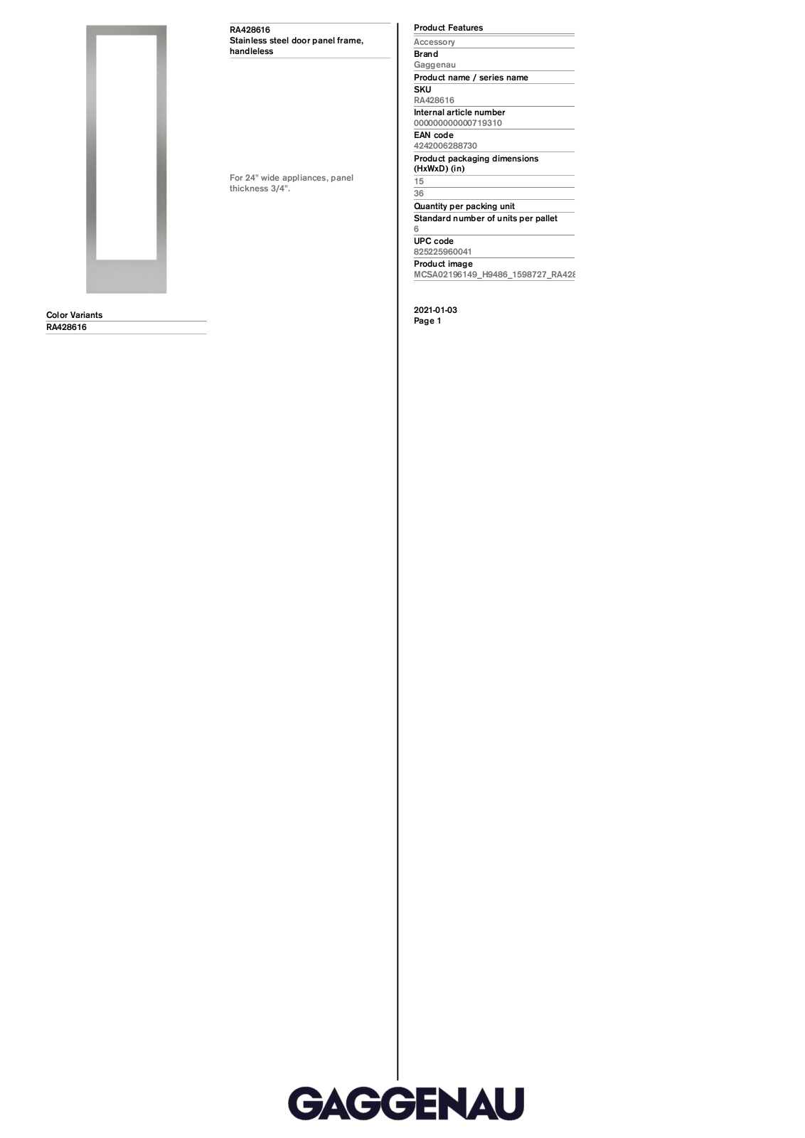 Gaggenau RA428616 Specification Sheet