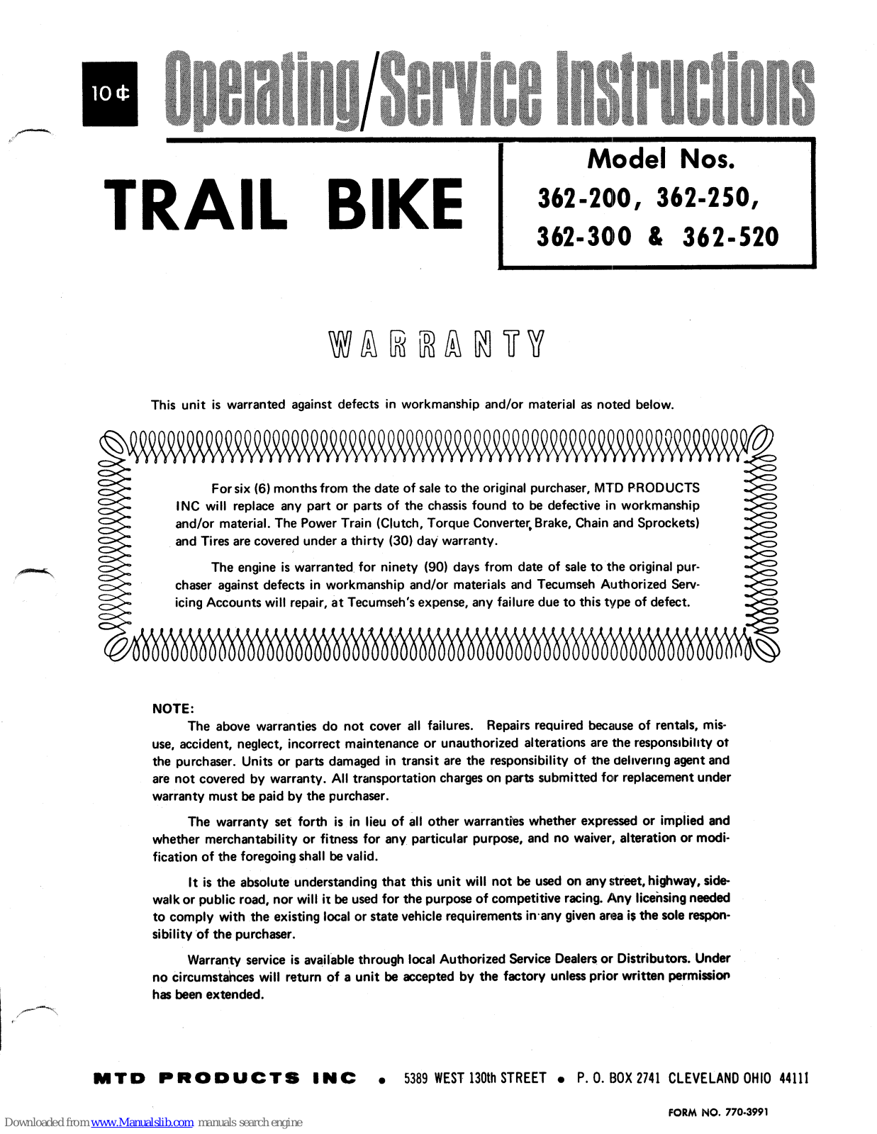 MTD 362-200, 362-300, 362-250, 362-520 Operating/service Instructions Manual