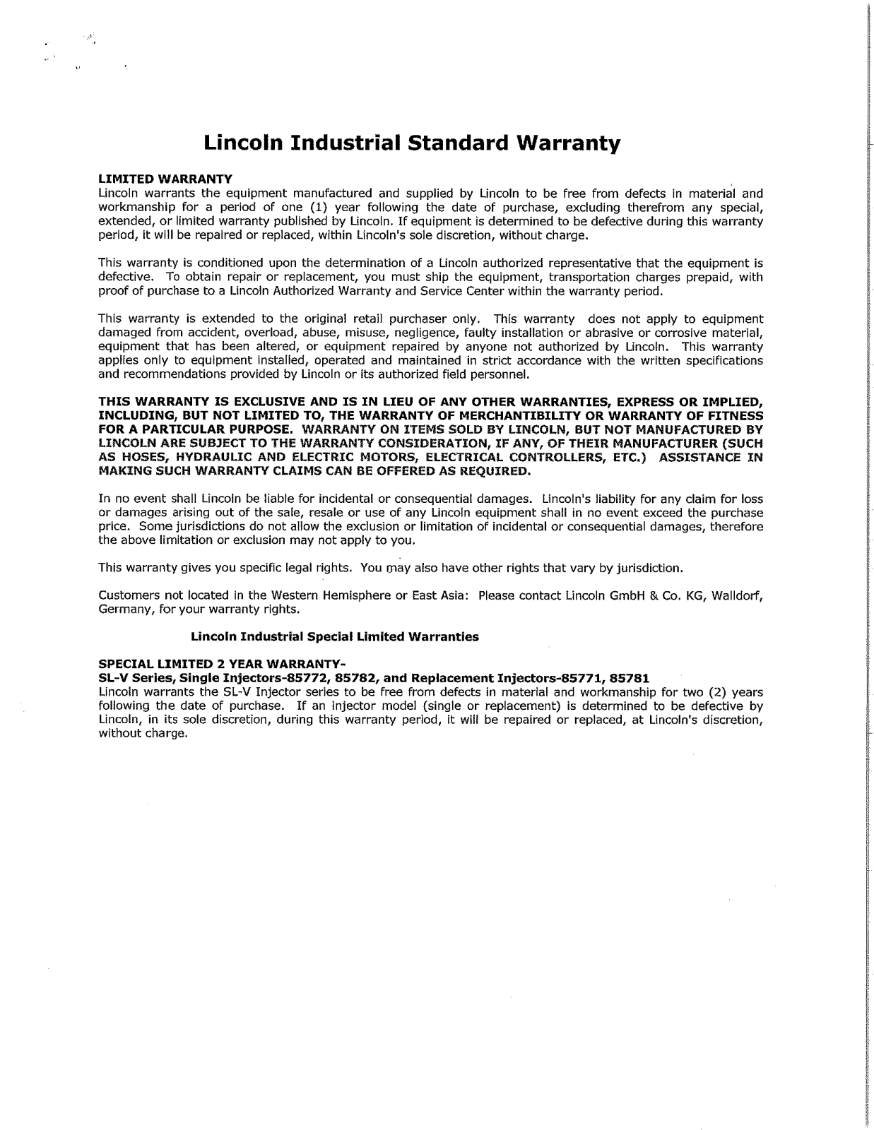 Craftsman Lincoln Industrial Manufacturer's Warranty