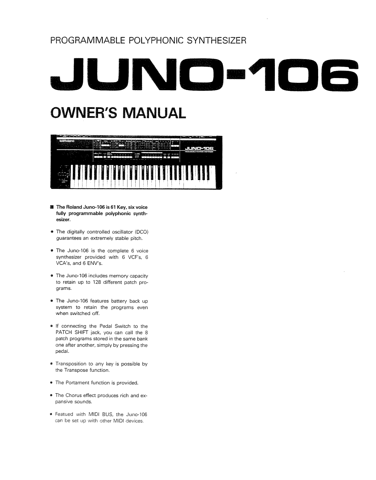 Roland Corporation JUNO-106 Owner's Manual