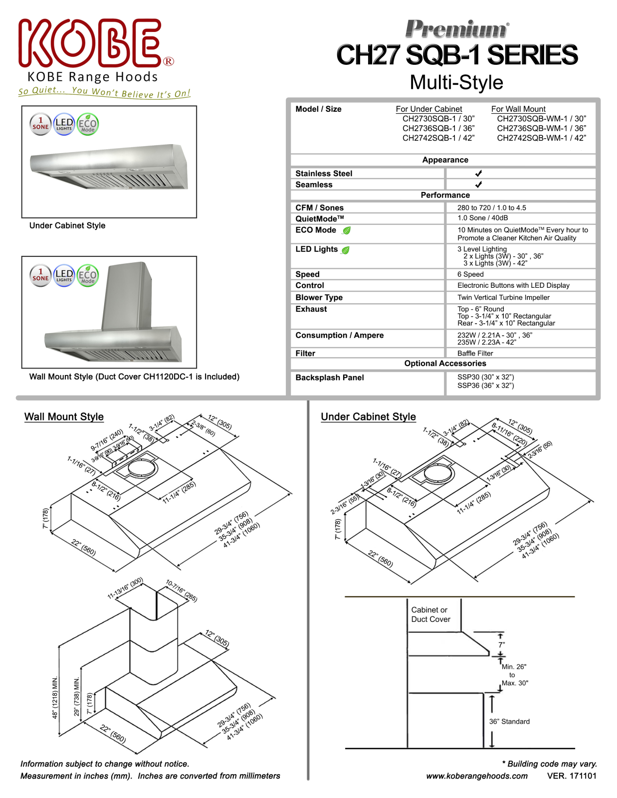 Kobe CH2742SQBWM1 Specifications