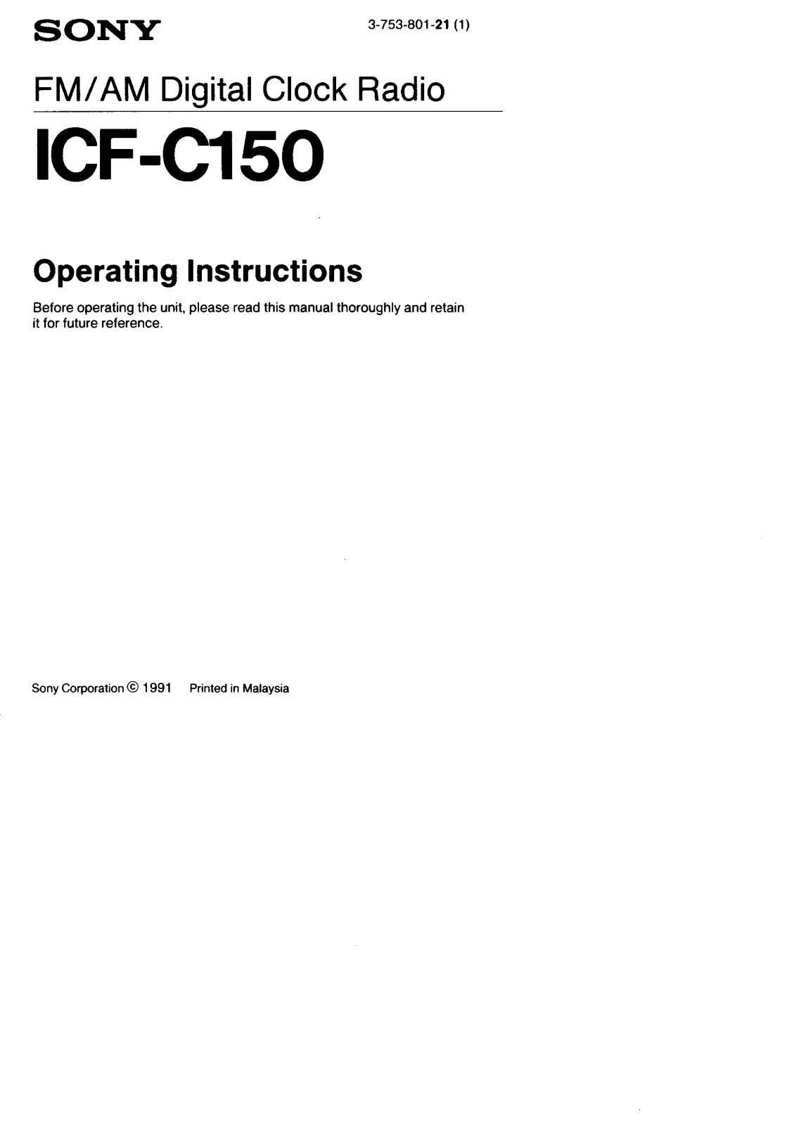 Sony ICF-C150 Operating Instructions