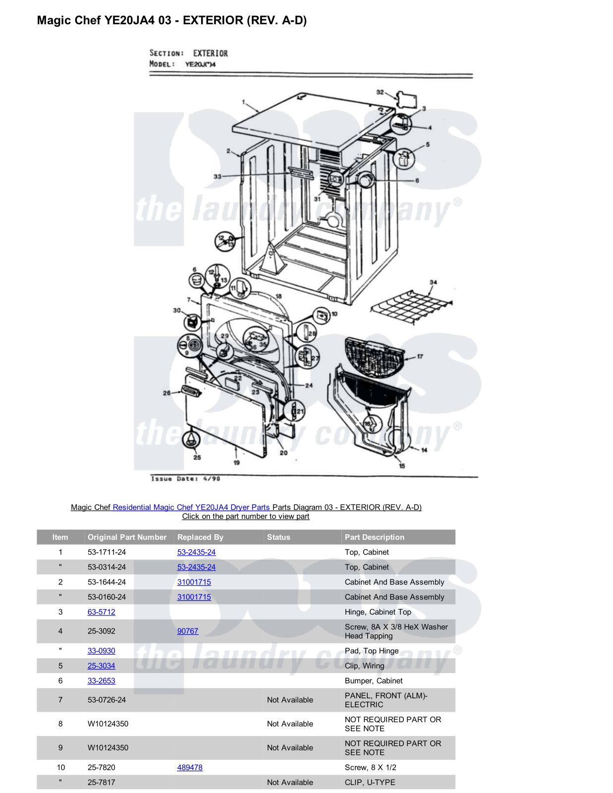 Magic Chef YE20JA4 Parts Diagram