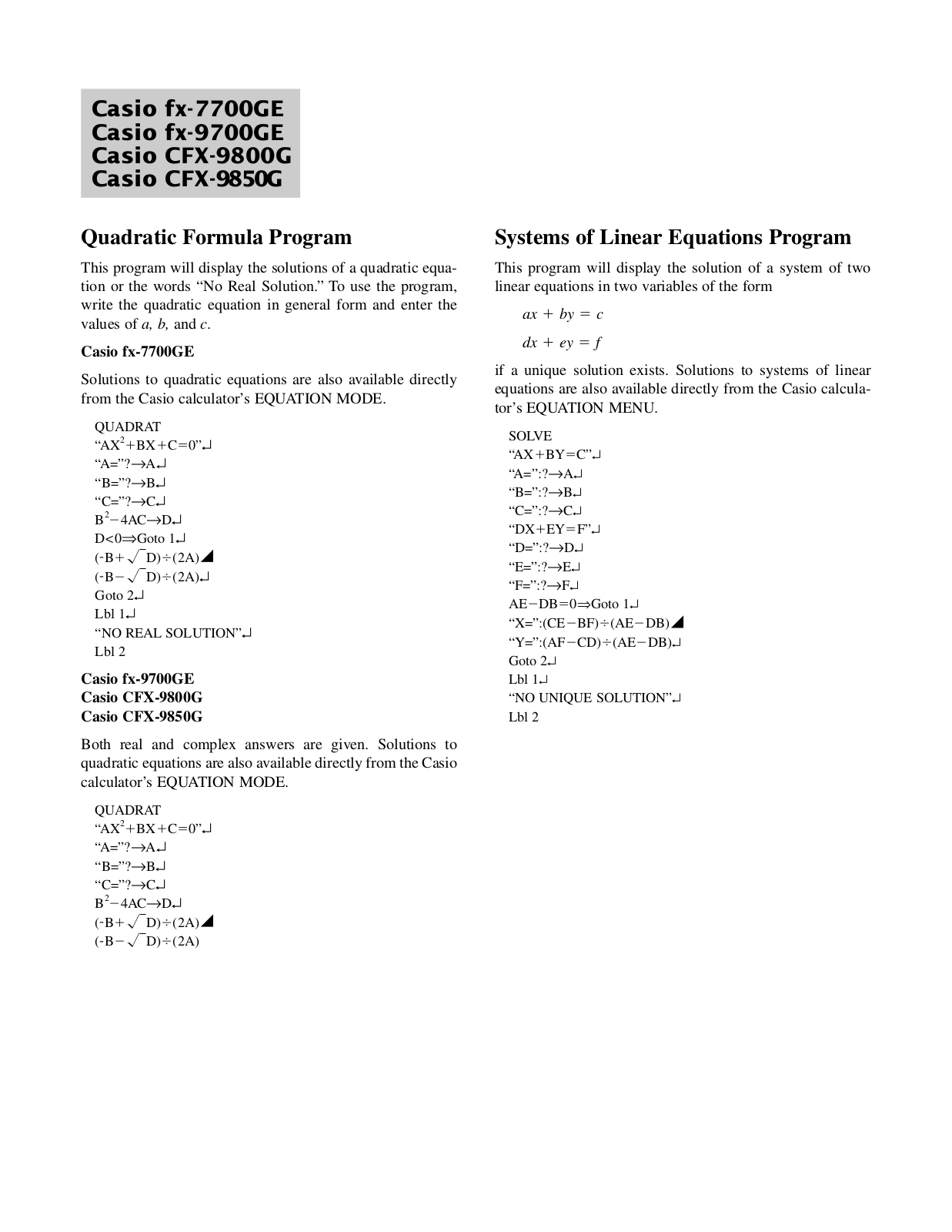 CASIO fx-770000GE, fx-9700GE, CFX-9800G, CFX-9850G User Manual