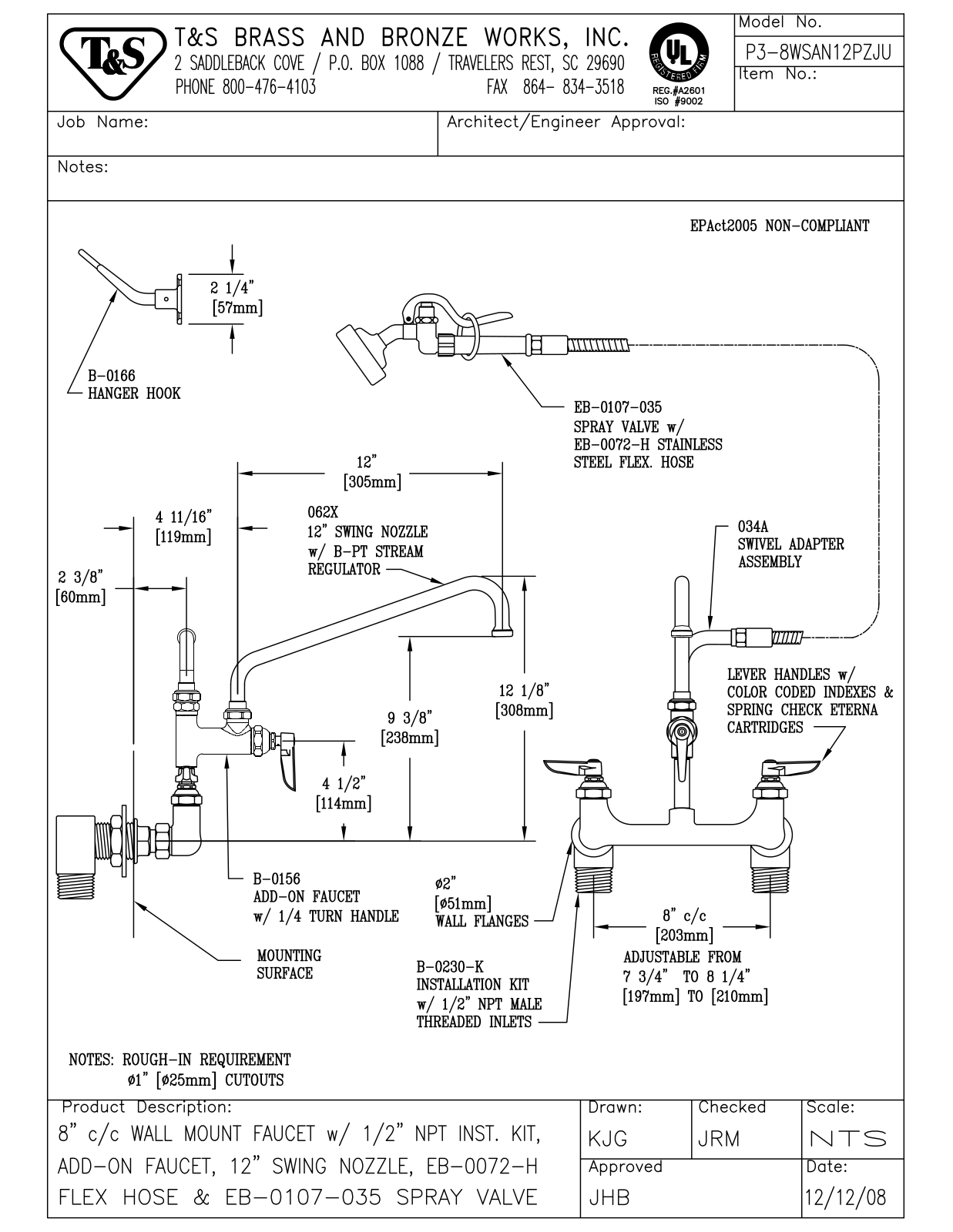 T&S Brass P3-8WSAN12PZJU User Manual