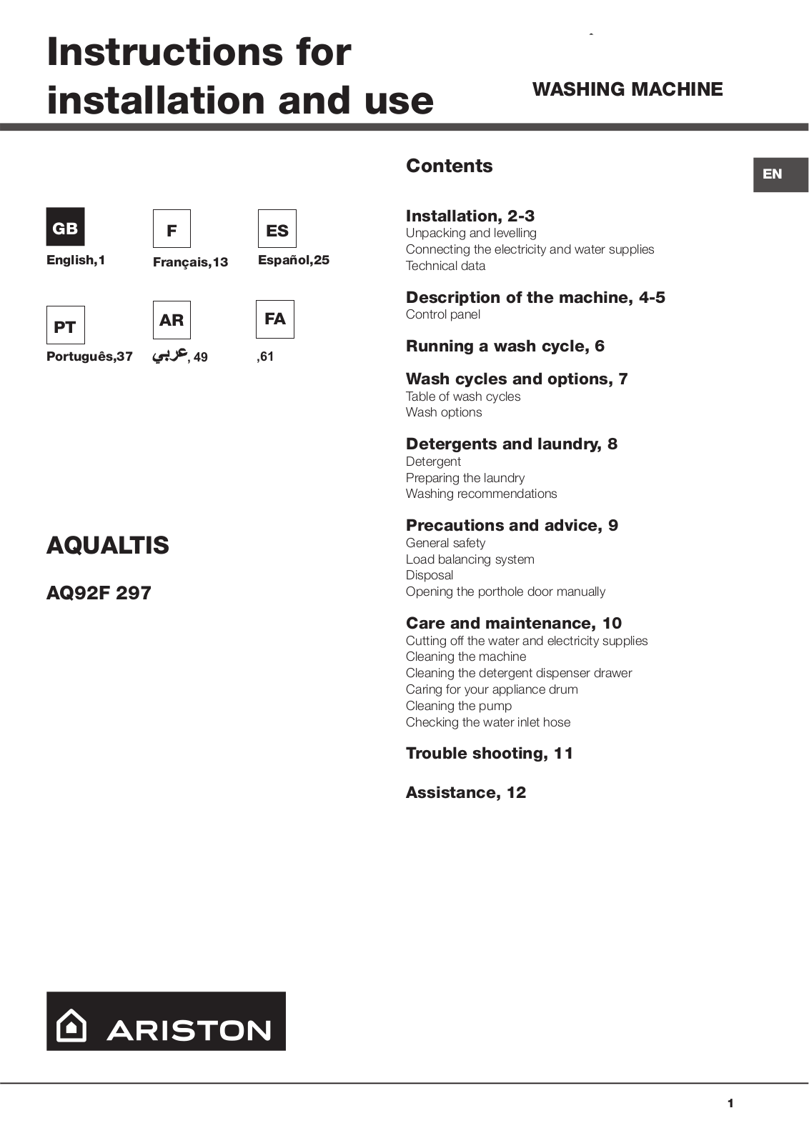 Hotpoint AQ92F 297 EX User Manual