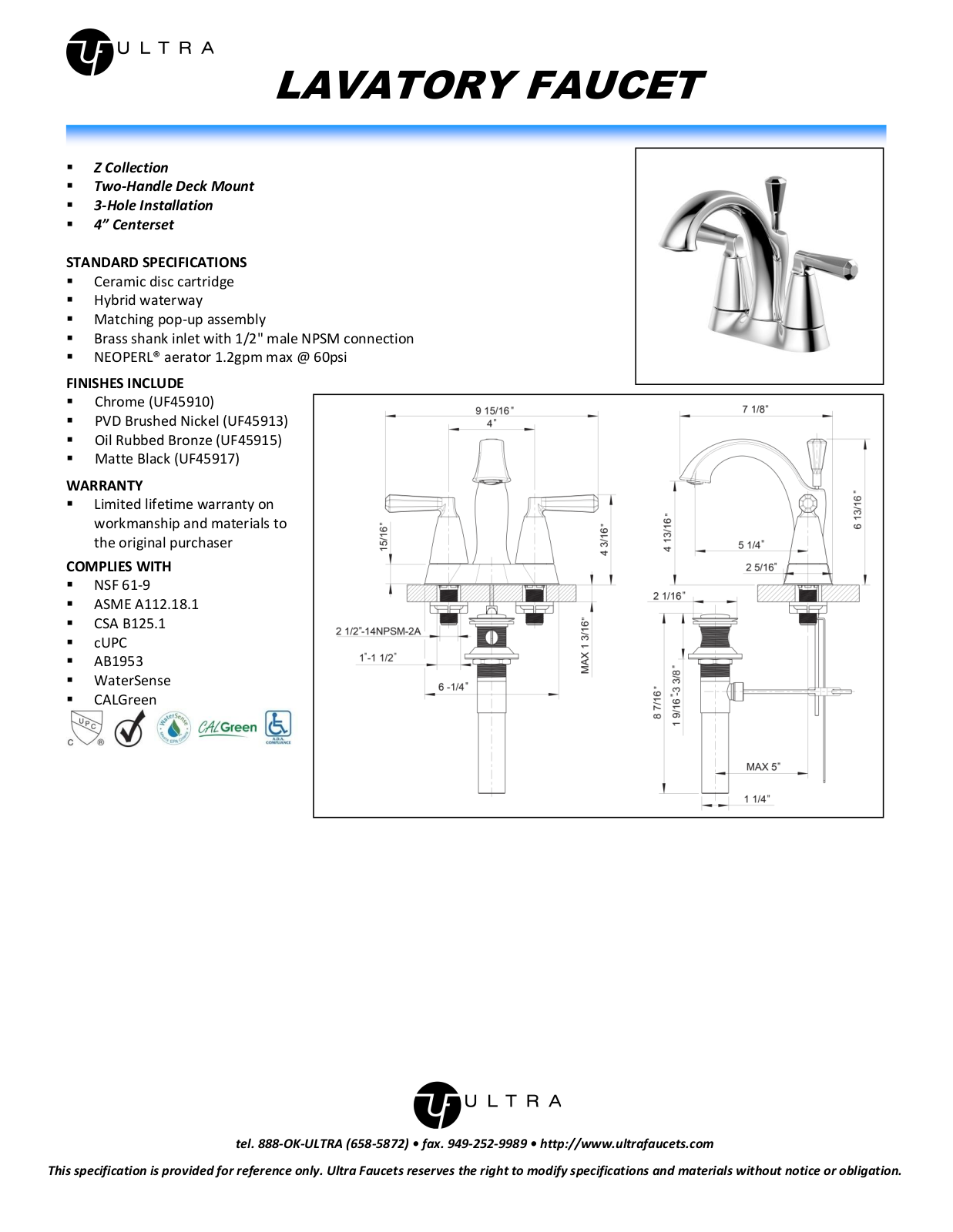 Ultra Faucets LTR1082 Specifications - ManualMachine.com
