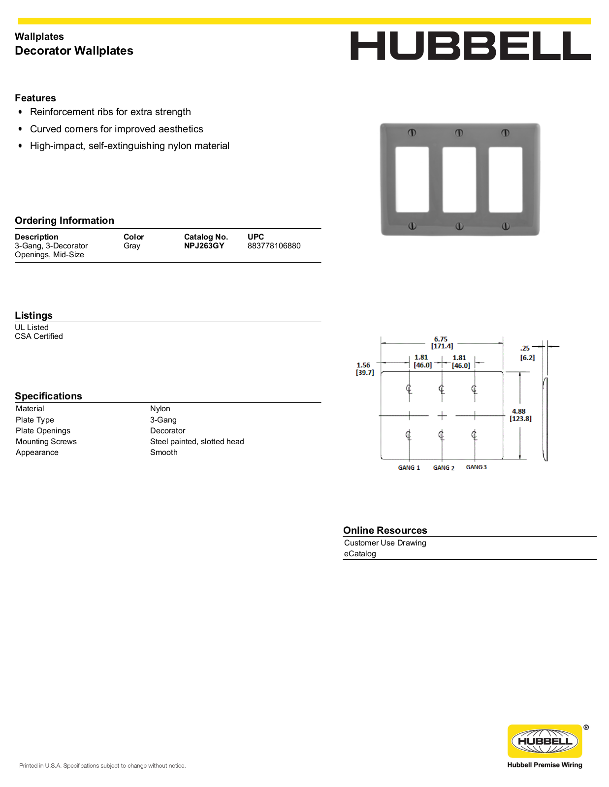 Hubbell NPJ263GY Specifications